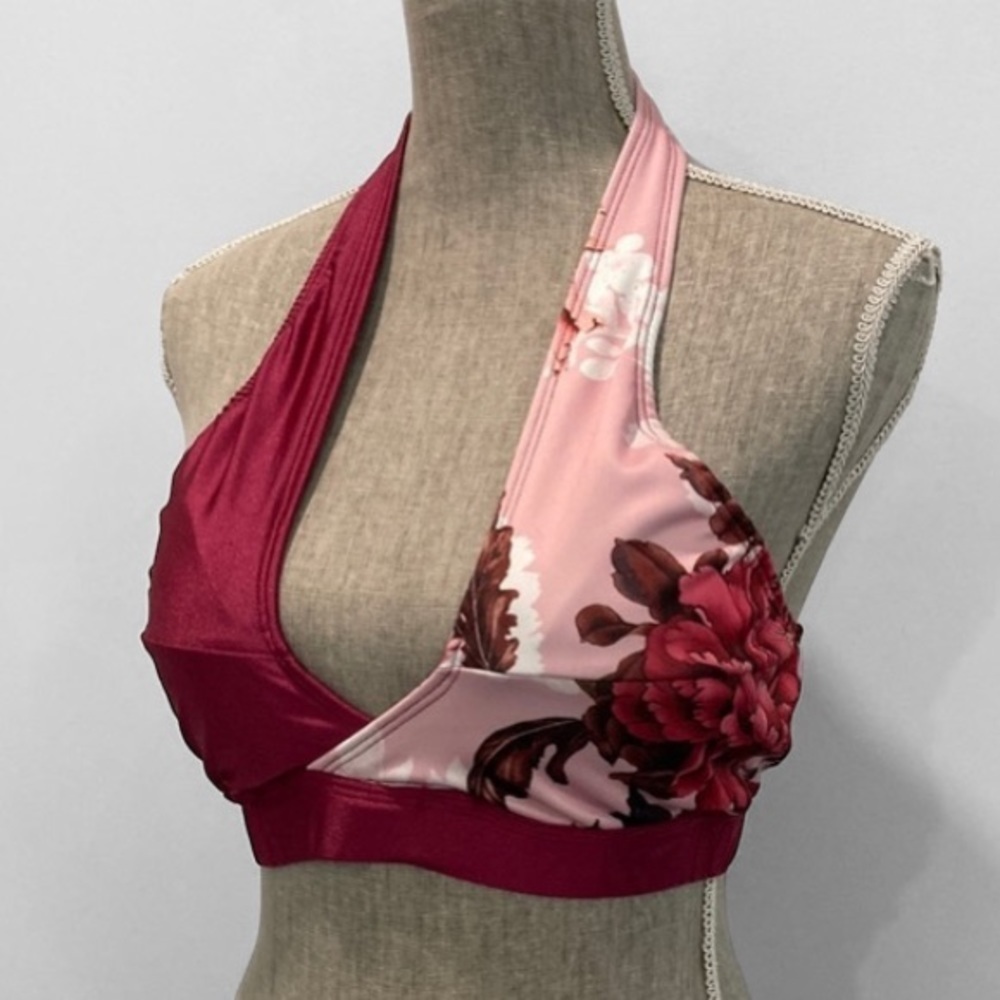 Halter Floral Burgundy Swim Bikini Top Large